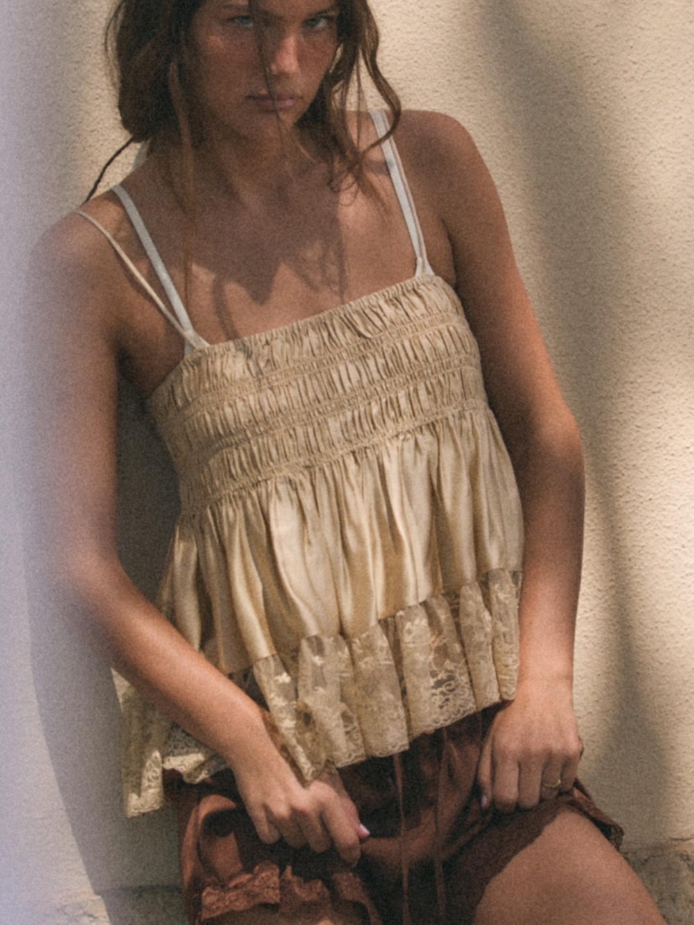 Zara Cream Smocked Lace-Trim Spaghetti Strap Cami